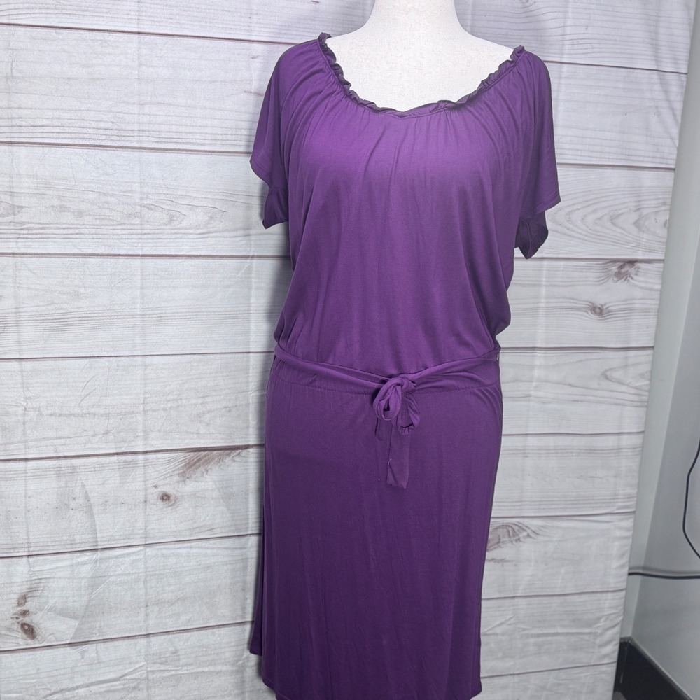 Talbots Purple Rayon Knit Ruffle Scoop Neck Tie Waist Midi Dress Womens Size M